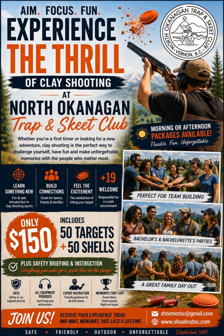 Flyer for North Okanagan Trap & Skeet Club promoting clay shooting experiences, including team building, bachelor/bachelorette parties, and family outings, priced at $150 for 50 targets and 50 shells.